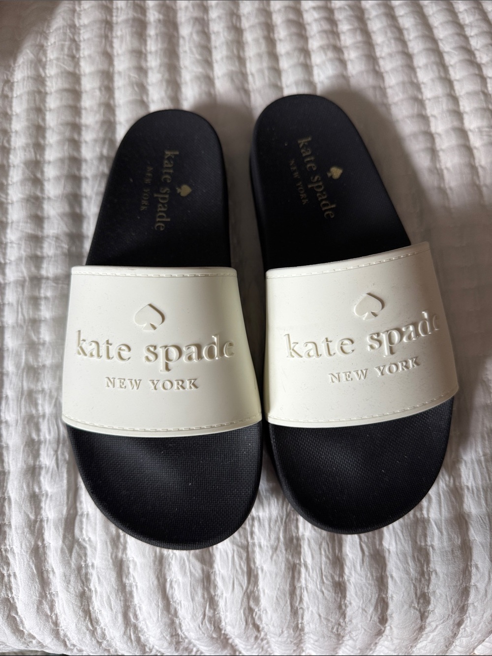 kate spade White and Black Logo Slide Sandals